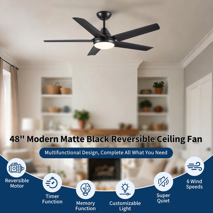 Ceiling Fan With Lights And Remote Control, Reversible DC Motor, 6 Speeds, 3 Cct Dimmable LED, Quiet Timer For Indoor - Black