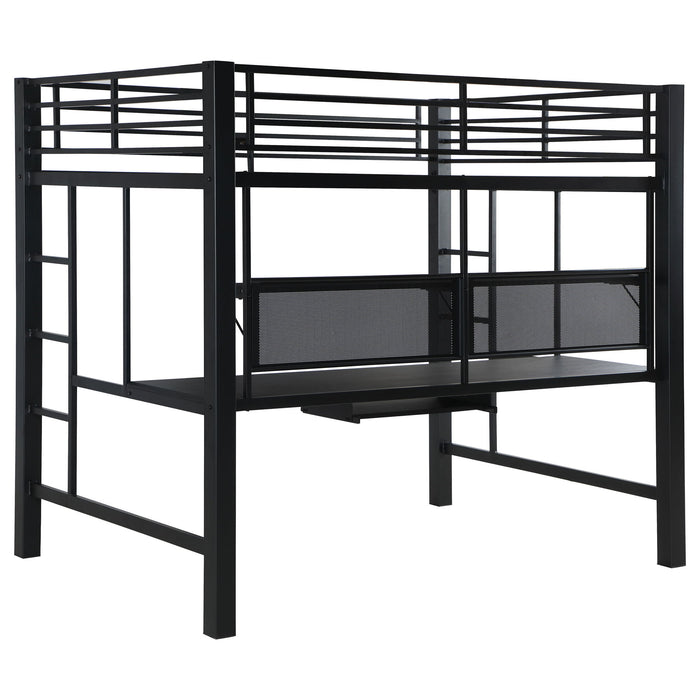 Ranier - Full Workstation Loft Bed, Full Length Desk, Safety Rails And Storage Shelves - Black