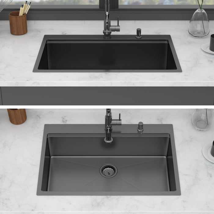 Drop In Workstation Sink Topmount Single Bowl With Pull Out Faucet And Soap Dispenser - Gunmetal Black