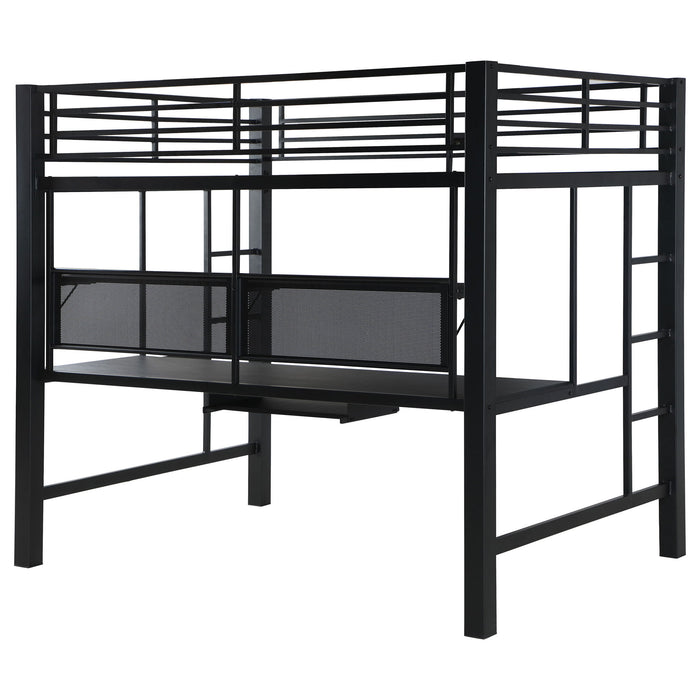 Ranier - Full Workstation Loft Bed, Full Length Desk, Safety Rails And Storage Shelves - Black