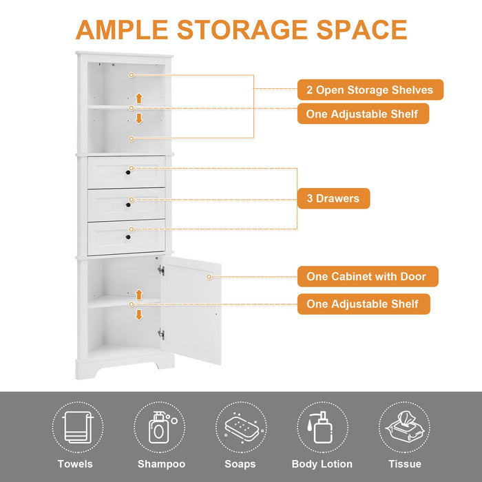 Tall Storage Cabinet With 3 Drawers And Adjustable Shelves For Bathroom