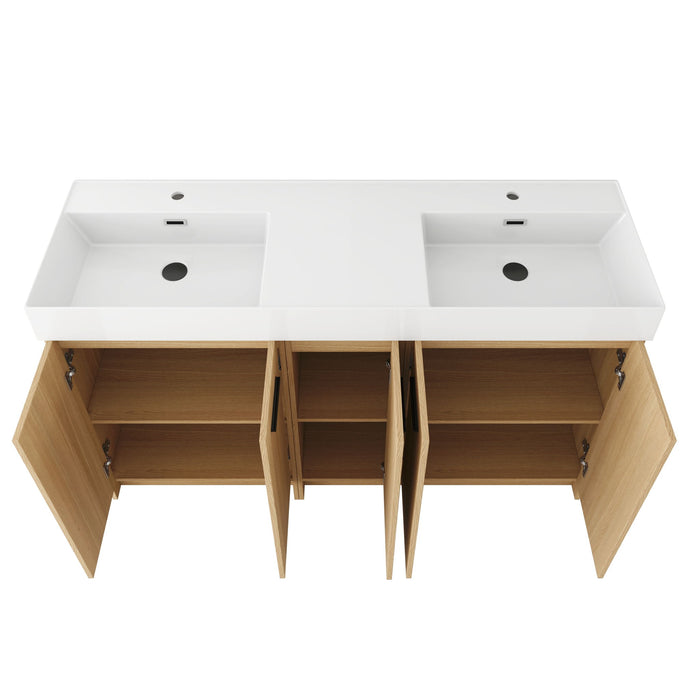 Double Sink Bathroom Vanity With Extra Large Storage, Integrated Sink, Freestanding Cabinet, Soft Close Doors - Glossy White / Light Oak