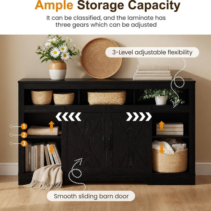 Farmhouse TV Stand With Sliding Barn Doors & Adjustable Storage