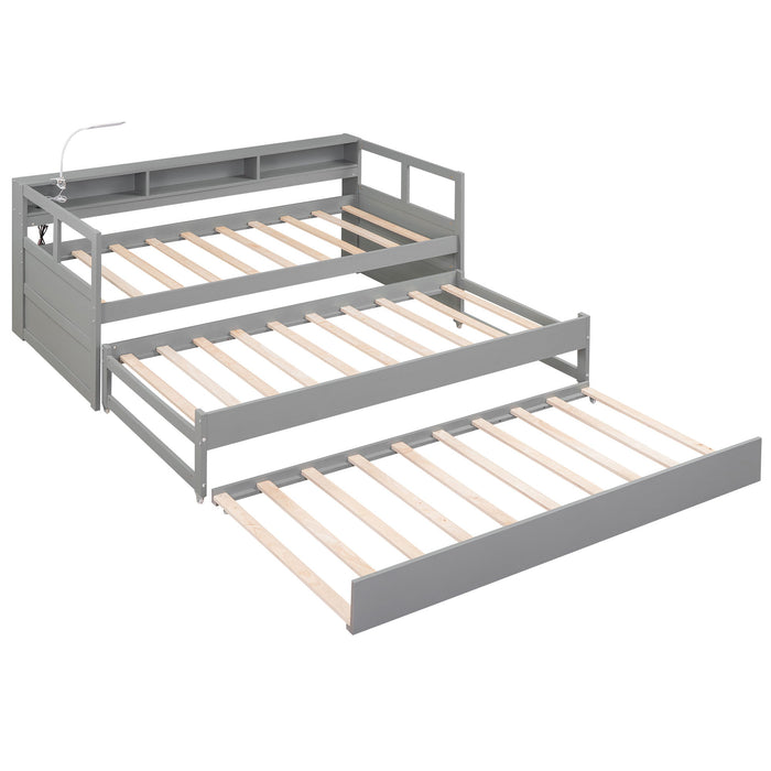 Daybed With 2 Trundles, 3 Storage Cubbies, Built In USB Charging Light