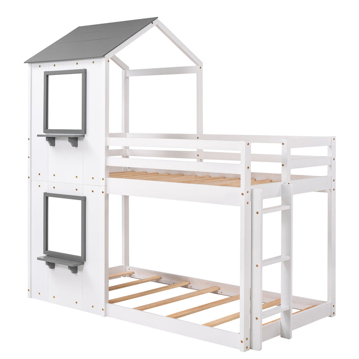Bunk Bed Wood Bed & Roof, Window, Guardrail, Ladder