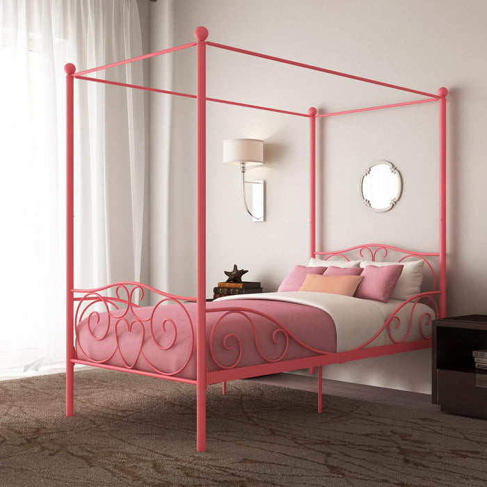 Twin Canopy Bed With Heart Scroll Design And Finial Posts - Pink