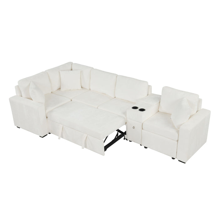 Contemporary L Shaped Convertible Sofa Bed With Pull Out Bed, Cup Holders, And Storage
