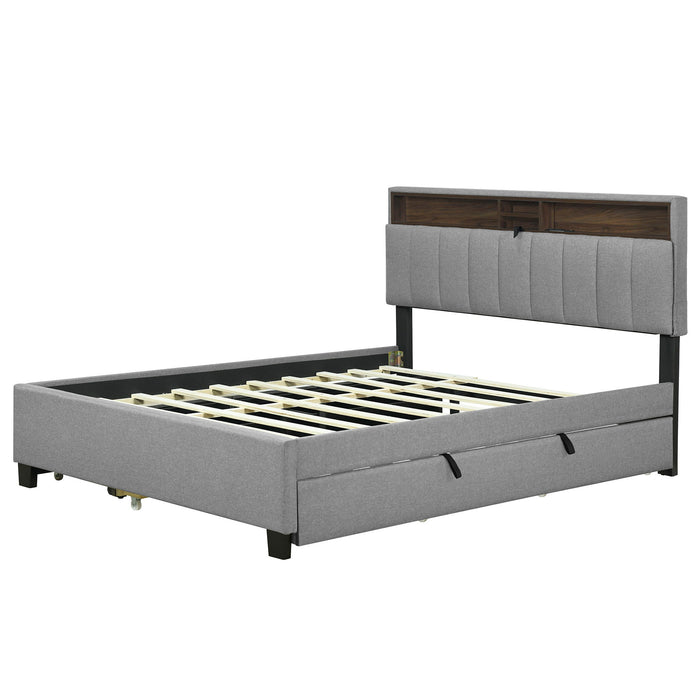 Upholstered Platform Bed With Storage Headboard, Trundle & 2 Drawers And A Set Of Sockets & USB Ports