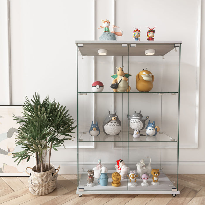 Modern Display Cabinet With LED Lights, Transparent Tempered Glass 2 Door Storage Case With 3 Shelves