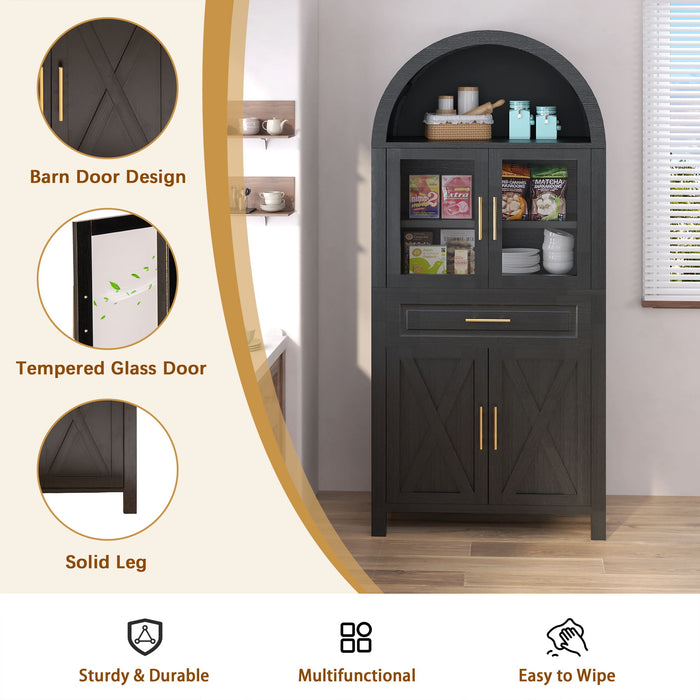 Arched Kitchen Pantry Cabinet With Adjustable Shelves & Barn Door Design