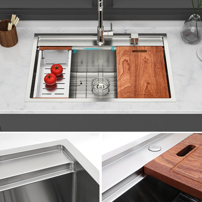 33" Drop In Kitchen Sink With Workstation, 16 Gauge Stainless Steel - Brushed Nickel