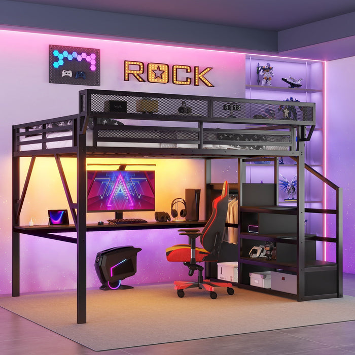 Loft Bed With Desk And Charging Station With Stairs And Light