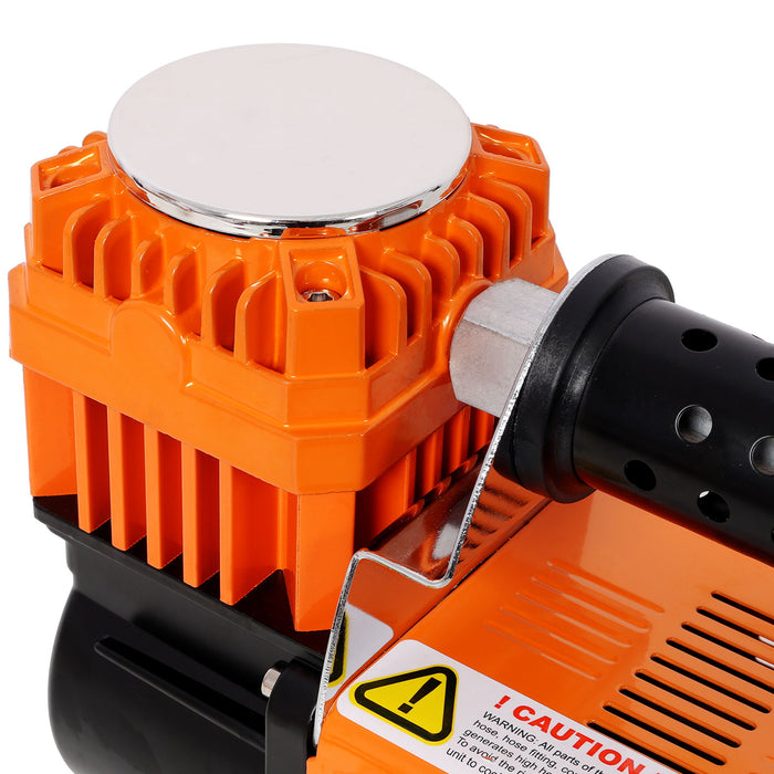 Heavy Duty 12V Air Compressor, Tire Inflator With Pressure Gauge, Compact Size - Black / Orange
