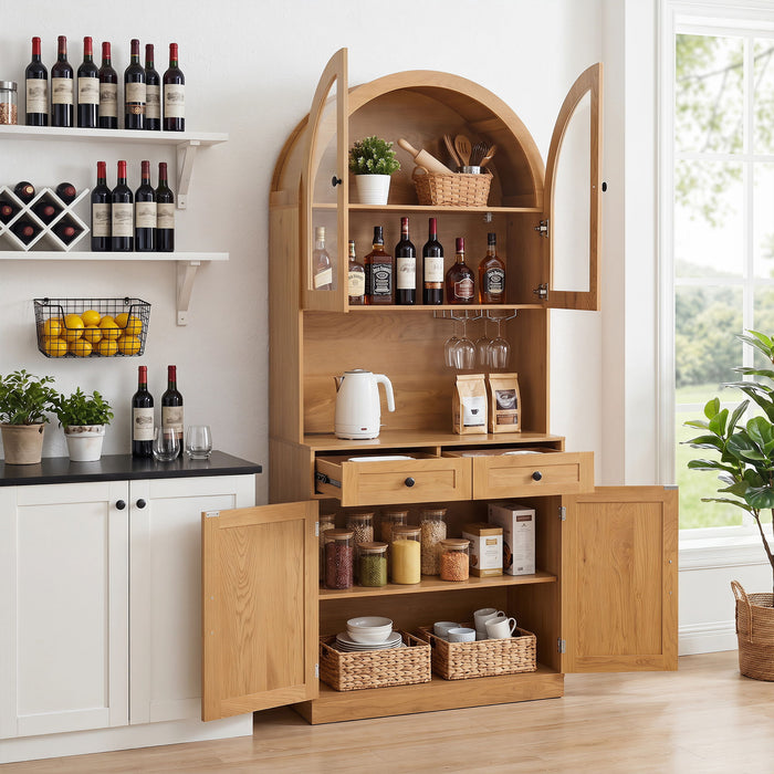 Tall Arched Pantry Cabinet With Charging Station, Adjustable Shelves, Coffee Bar