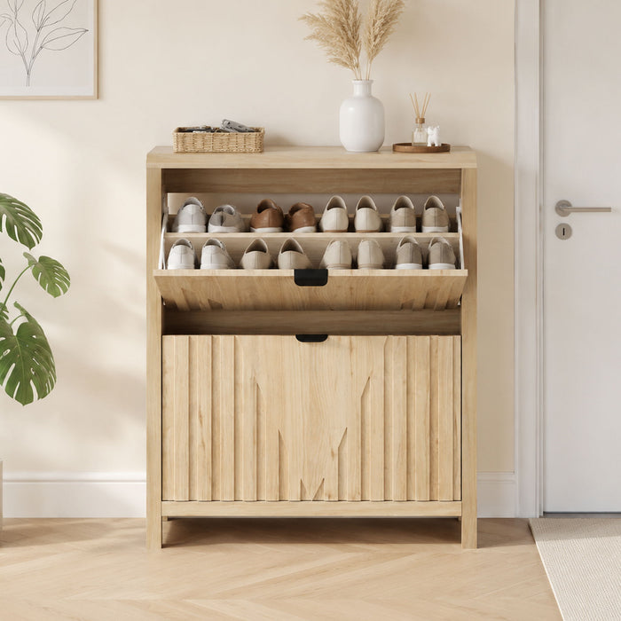 Entryway Shoe Cabinet With Vertical Carved Panels - Oak