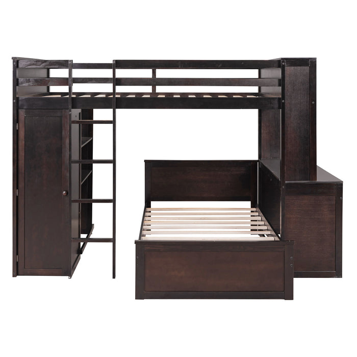 Loft Bed With A Twin Size Standalone Bed, Shelves, Desk, And Wardrobe