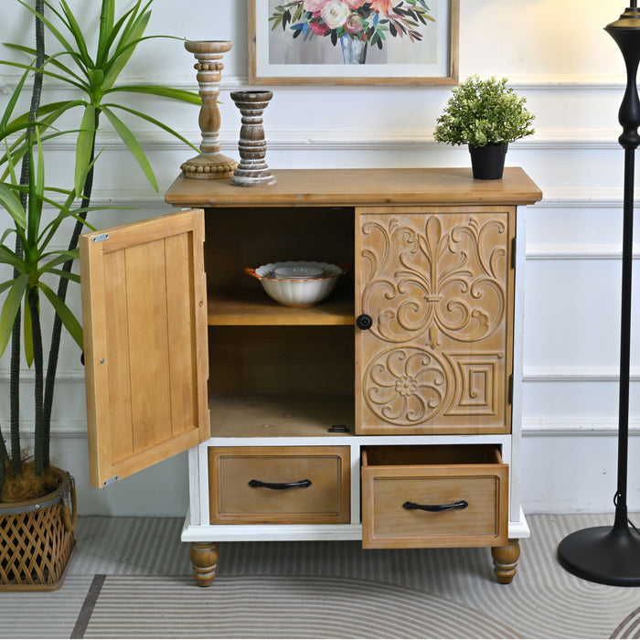 Accent Flower Carved Door Sideboard Cabinet With 2 Drawers For Kitchen - Natural Wood Wash / White