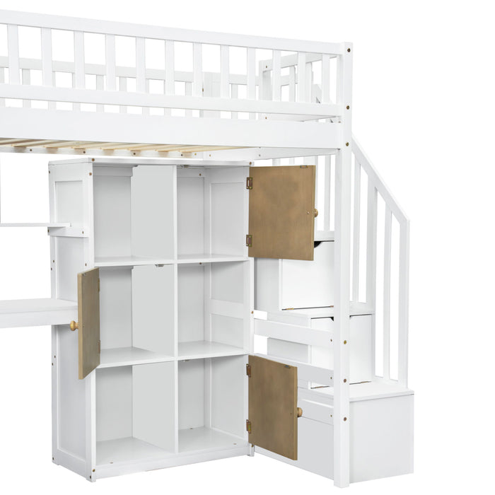 Loft Bed With Built In L Shaped Desk, LED Lights, Storage Shelves, Cabinets, And Staircase