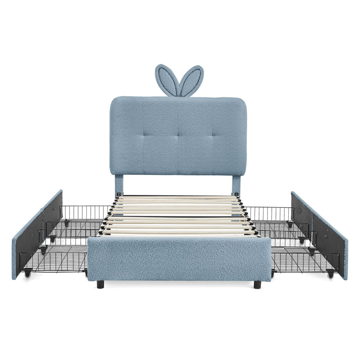 Upholstered Bed With Oversized Rabbit Ear Headboard, LED Lights & 4 Storage Drawers