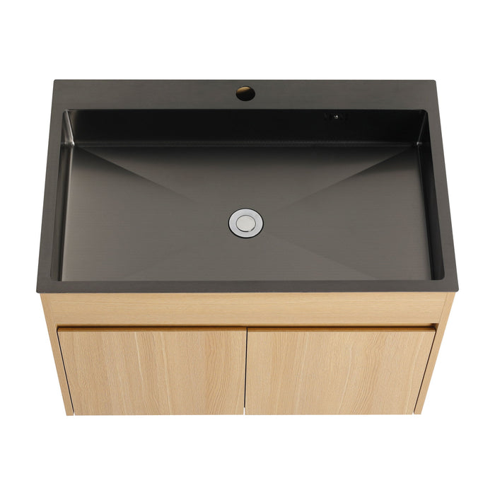 28" Wall Mounted Bathroom Vanity With Stainless Steel Sink, Soft Close Doors - Oak