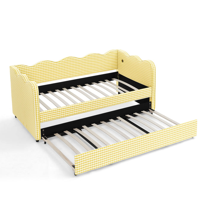 Gingham Daybed With USB Charging Port, Wave-Shaped Design