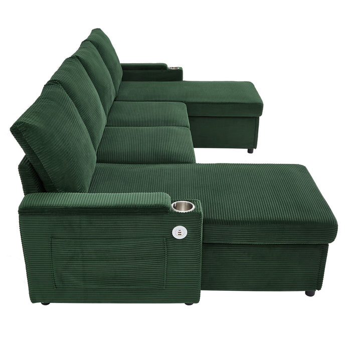 U Shaped Sectional Sofa Bed With Storage Chaise Lounges, USB Ports, And Cup Holders