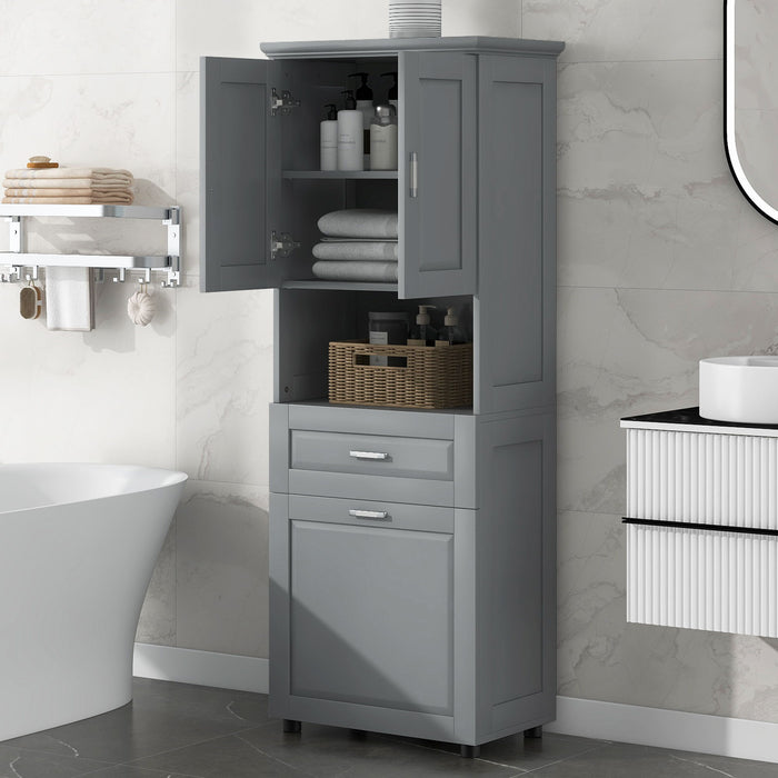 Tall Bathroom Cabinet With Tilt-Out Laundry Basket And Upper Storage