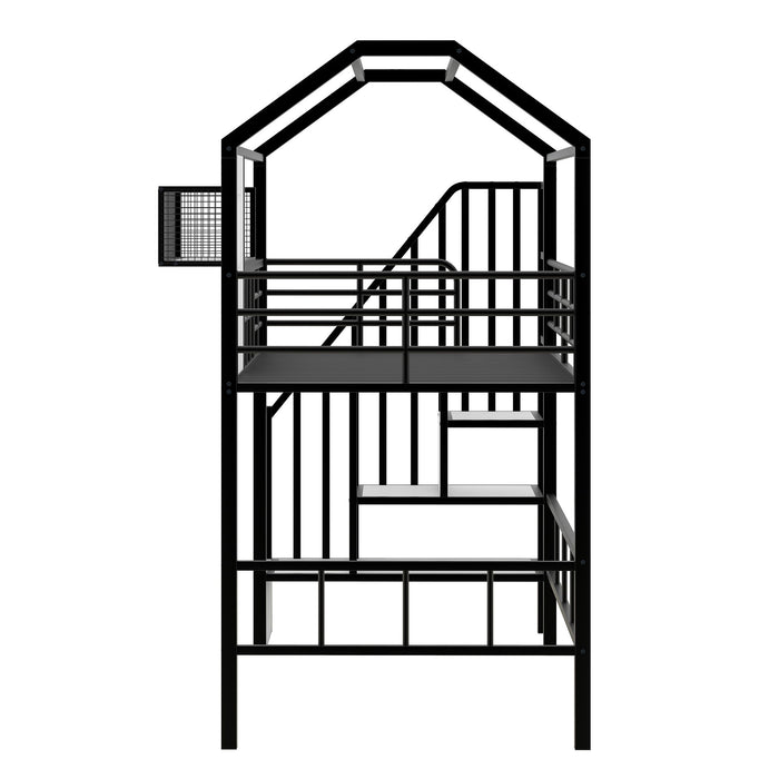 Metal Loft Bed With Roof Design And Storage Box With Guardrails And Integrated Ladder