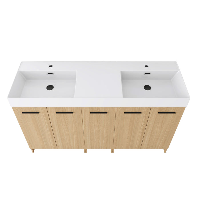 Double Sink Bathroom Vanity With Extra Large Storage, Integrated Sink, Freestanding Cabinet, Soft Close Doors - Glossy White / Light Oak