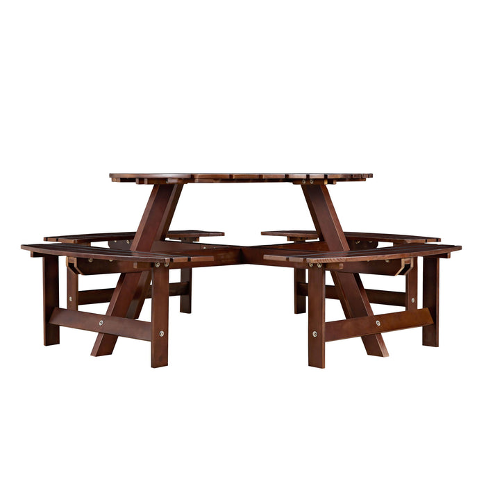 8 Person Round Picnic Table With 4 Built In Benches, Umbrella Hole For Garden - Brown