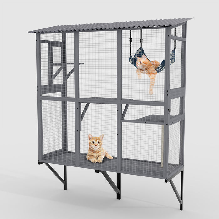 Large Walk In Outdoor Catio For Cats With Roof And 3 Access Doors - Gray