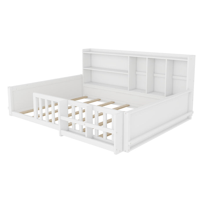 Platform Bed Frame With Guardrail, Storage Shelves & Bookshelf