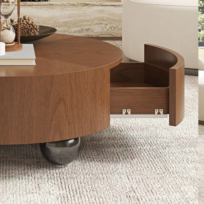 Drum Shaped Coffee Table With Hidden Storage Drawer, Low Profile For Living Room - Walnut