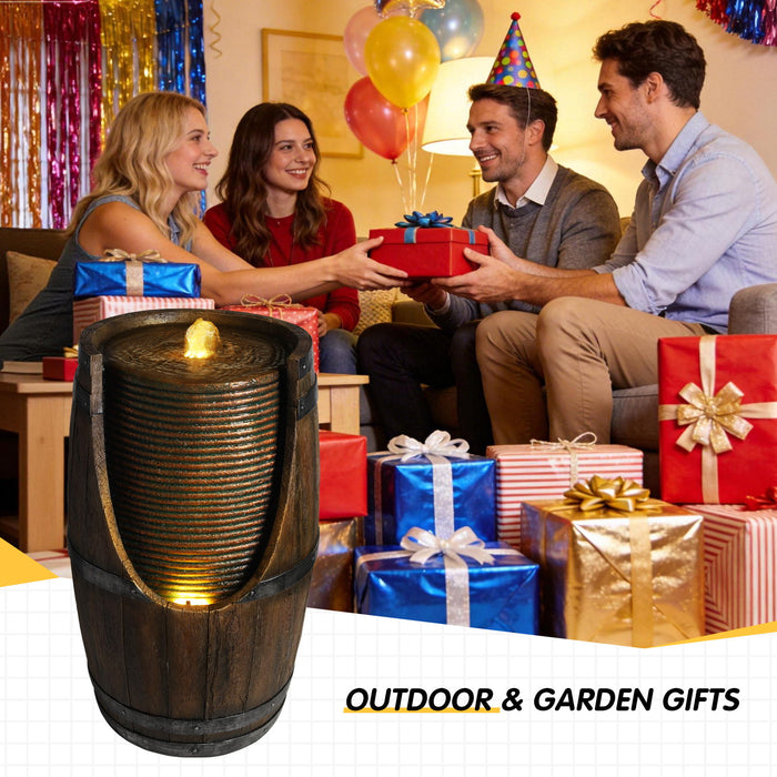 Rustic Barrel Water Fountain With LED Light