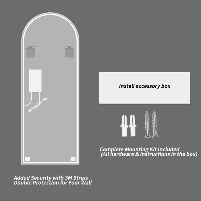 65" X 21" Arched LED Full Length Mirror, Wall Mounted Lighted Full Body Mirror With Frosted Edge Lighting, 3 Color Temperatures & Stepless Dimming - Silver