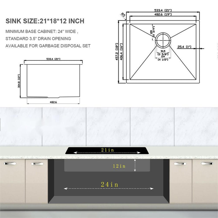 Modern Undermount Stainless Steel Kitchen Sink 16 Gauge, Deep Single Bowl