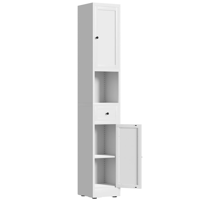 Tall Bathroom Storage Cabinet, 5-Tier Narrow With 2 Doors & Adjustable Shelves, Freestanding - White