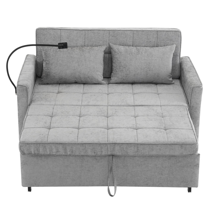 Pull-Out Sleeper Sofa With Reversible Backrest Cushion, Side Pockets, 2 USB Ports And A Phone Holder For Living Room