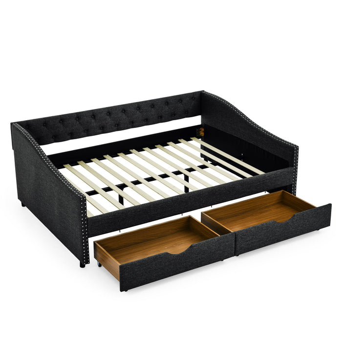 Upholstered Tufted Daybed With Drawers, Waved Arms