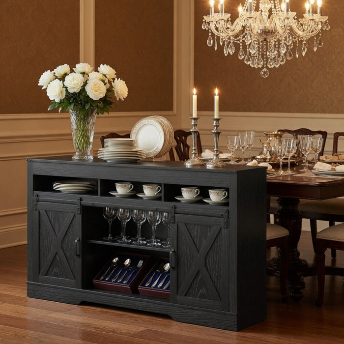 Farmhouse TV Stand With Sliding Barn Doors & Adjustable Storage