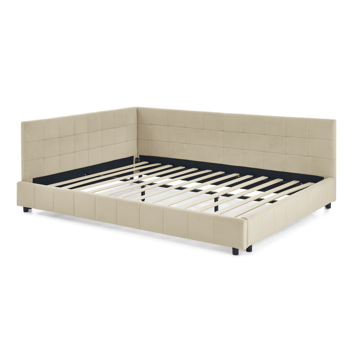 Mid-Century Storage Upholstered Tufted Bed Frame With Backrest And Armrests