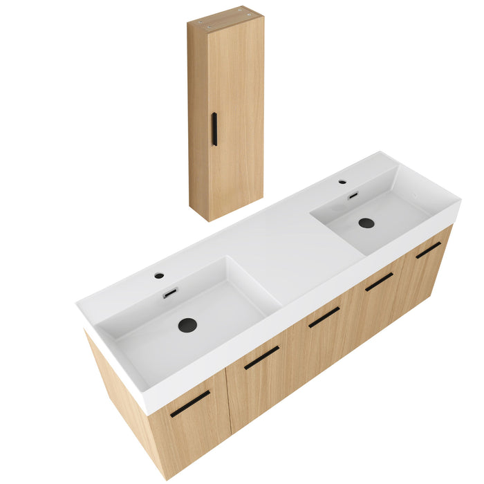 Floating Double Sink Bathroom Vanity Set With Tall Linen Cabinet, Extra Large Storage, Integrated Sink, Soft Close Doors - Glossy White / Light Oak