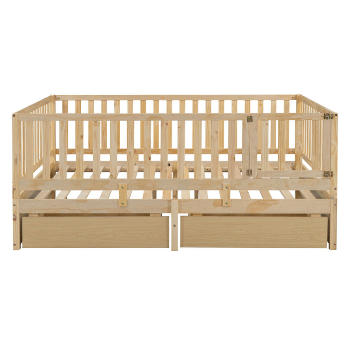 Daybed With Fence Guardrails And 2 Drawers, Split Into Independent Floor Bed & Daybed