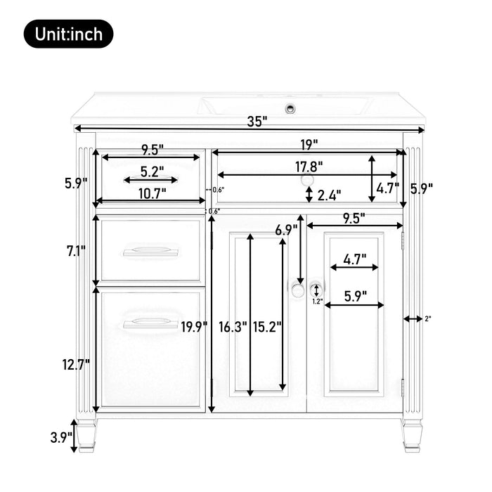 Bathroom Vanity With Sink, 1 Tip Out Drawer, 3 Side Drawers, Adjustable Shelf