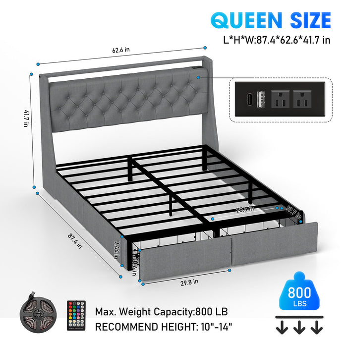 Bed Frame With Storage Headboard, RGB LED Light & USB Charging Station