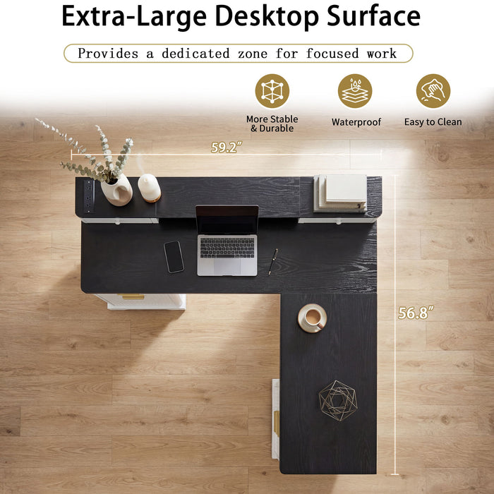 Fluted L-Shaped Desk With Charging Station & Storage Cabinet