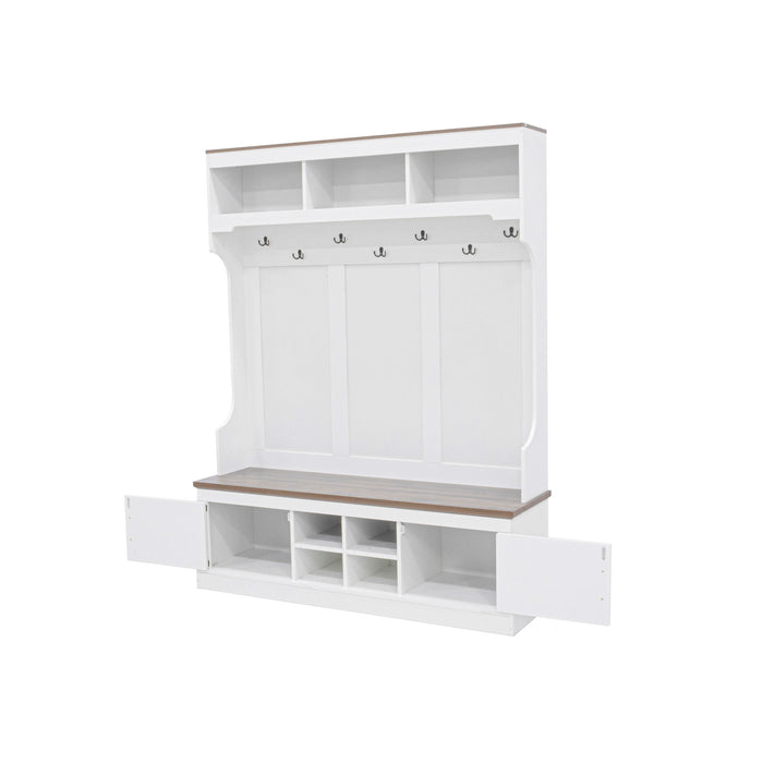 Hall Tree With Bench And Shoe Storage, 5 In 1 Entryway Organizer Cabinet With Coat Rack, 4 Shoe Cubbies & 7 Hooks - White