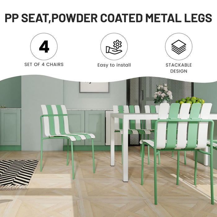 4 Piece Set Of Striped Color Blocking Single Chairs With Long Table - Cream White / Haze Green / White