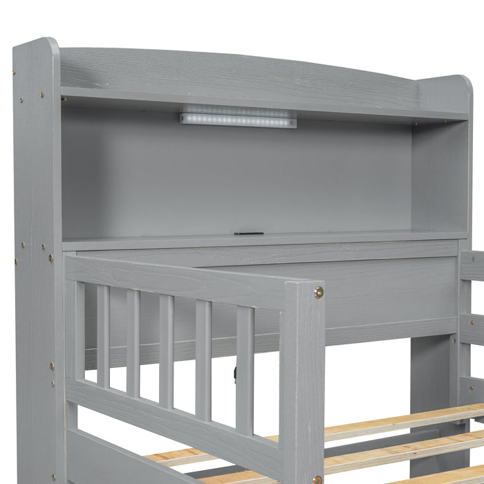 Platform Bed With LED Light, Multi Functional Headboard, Guardrail And 2 Drawers