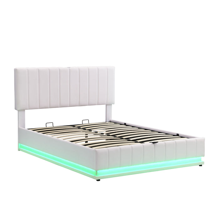 Upholstered Bed With Hydraulic Storage System And LED Light, With Sockets And USB Ports